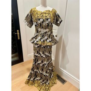 Bolaji Trendy Women's M Black Geo Floral Peplum Midi Dress Set African Ankara